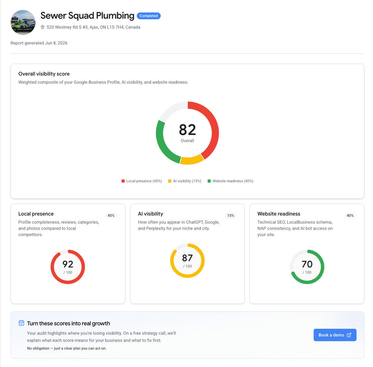 Sample audit report with visibility scores for local presence, AI visibility, and website readiness